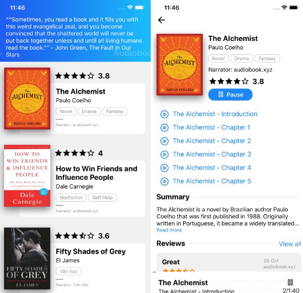 Audiobook mobile application accomplished with React Native